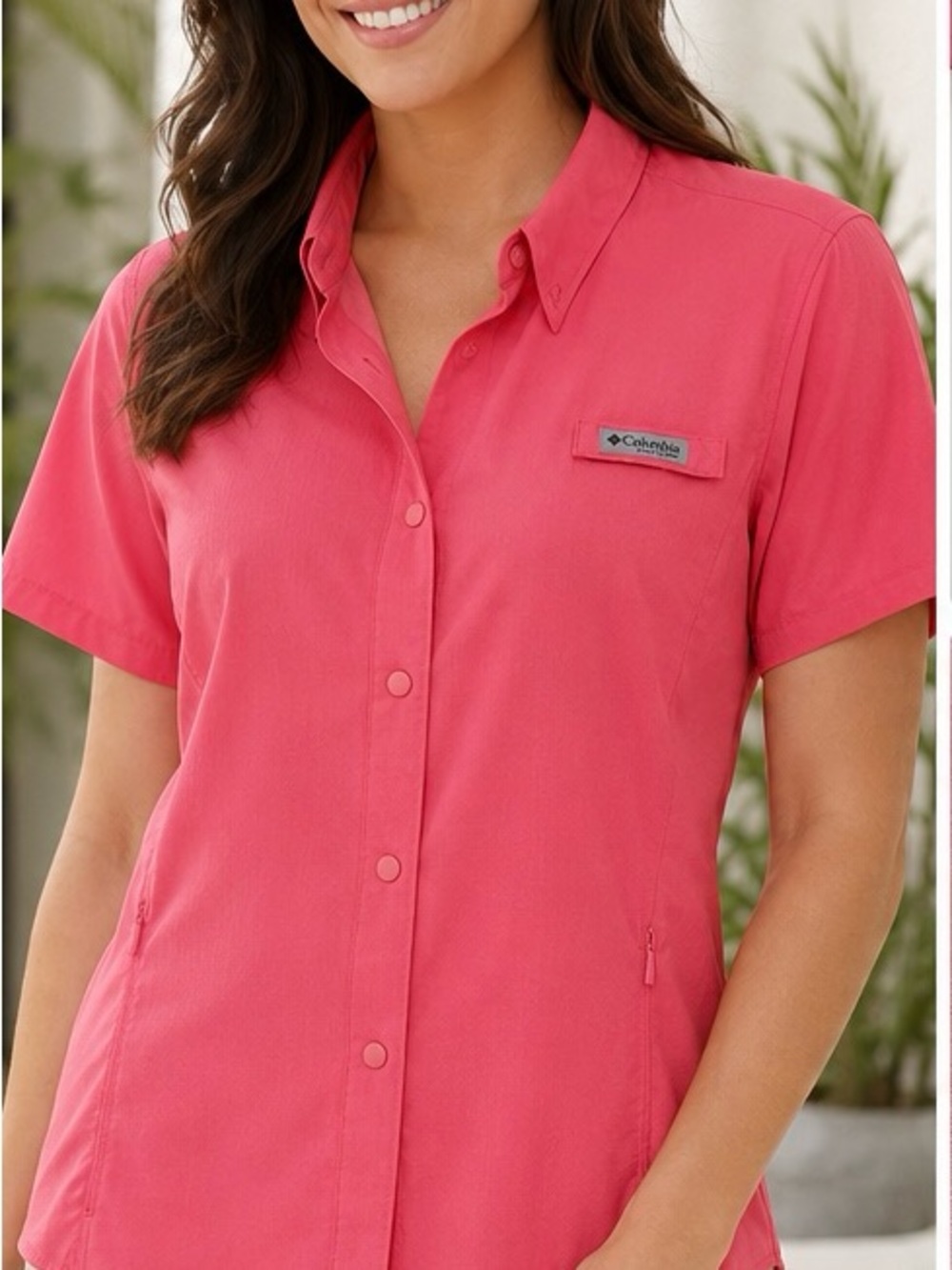COLUMBIA PFG WOMENS FISHING SHIRT-UPF 40. SHORT SLEEVE-CORAL PINK-L